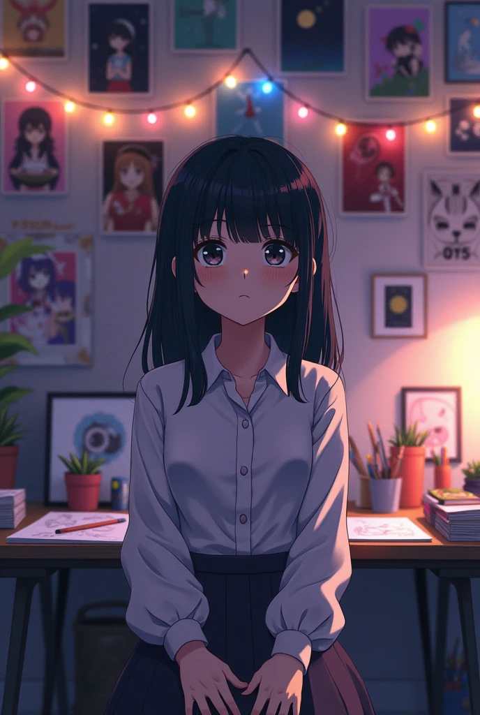 anime girl in a room with black hair, fringe, and black eyes