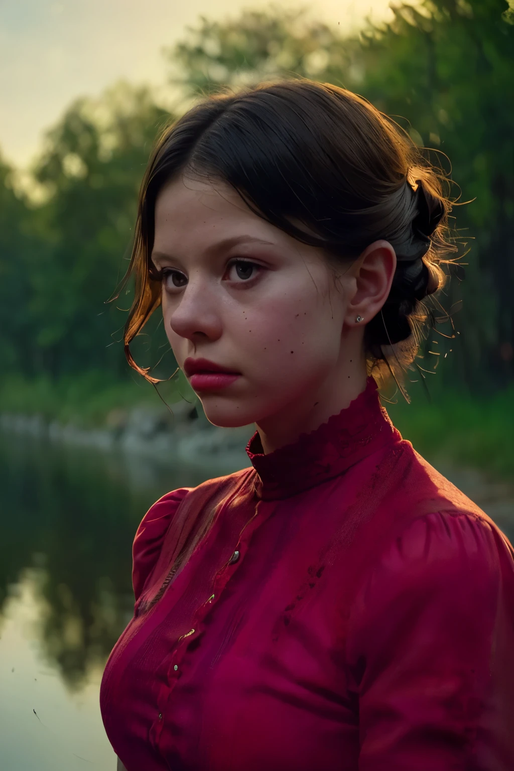 ((Head and sholders portrait)) . (Pearl from the A24 movie "Pearl" , ((wearing a Full red dress)),  standing in a dimly lit, eerie farmhouse setting, cinematic lighting, hyper-realistic style, high detail, dramatic shadows, (shallow depth of field), (moody color grading), (sharp focus), (tense atmosphere), (vintage film grain), (portrait photography style), dark background, (masterpiece: 2), best quality, ultra highres, original, extremely detailed, perfect lighting. (( river background)).