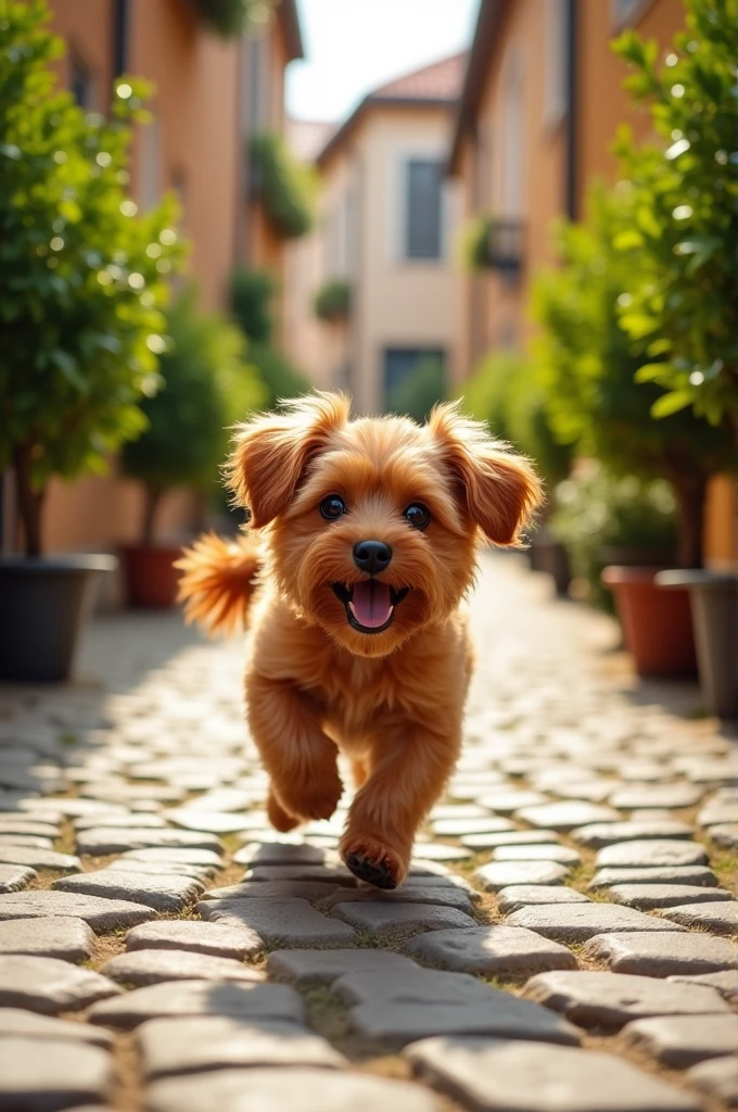 A dog going in a street , brown color dog , tiny trees, 
