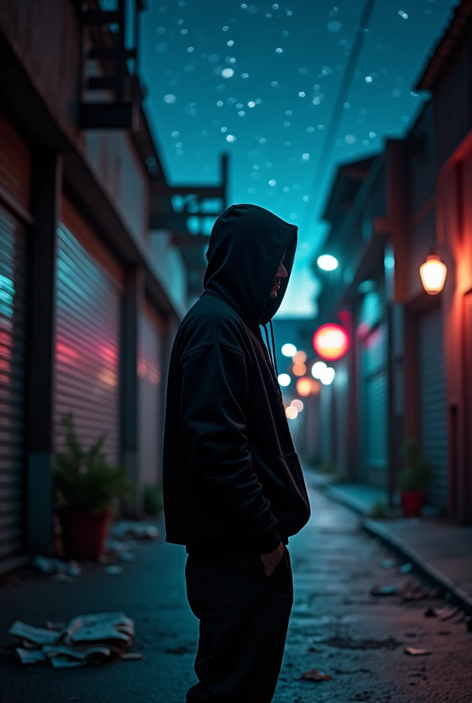 A loneliness guy with a black hoodie and in the night