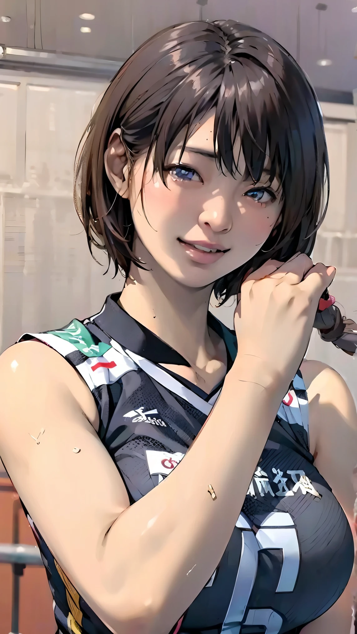 perfection、masterpiece、(Highest quality、High resolution:1.2)、 1 person、Beautifully detailed eyes、Beautiful pink lips、Highly detailed eyes and face、Bright colors、HDR、Studio Lighting、Ultra-high definition painting、Sharp focus、Physically Based Rendering、Extremely detailed depiction、moderate bust、perfectionな形、Facing the viewer、Sweat、smile、Volleyball Player、((Sleeveless Japanese national volleyball uniform))、Tie your hair back、gym、Depth of subject、