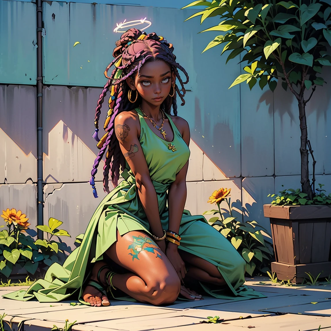 (outer: indica cannabis temple garden with sunflowers and tulips in bloom with growing indica cannabis bushes), the scene depicts two lovers sharing a peaceful morning together,
((Figure 1: 1 girl, dark skinned haitian woman, fatter, violet hair, multicolored hair, hair between the eyes, Dreadlocks, Messy hair, halo brilhante, scar on cheek, cannabis leaf hair ornament, wearing a long colorful dress, sitting comfortably while peacefully rolling a joint of herbs)) beside ((Figure 2: 1 , caribbean tanned man, athletic build, blue hair braided and loose, two-tone hair, prayer bead necklace, wearing a tight dark tank top, wearing colorful hakama, detailed and ornate with sigil designs, tattooed arms and body, kneeling beside girl in peaceful prayer))