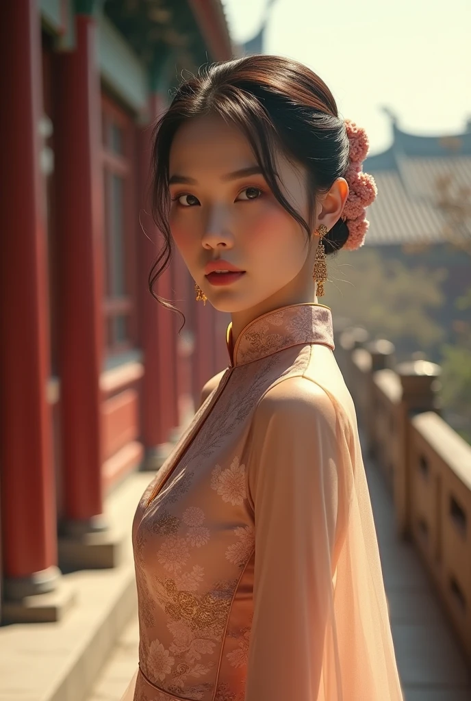 a sophisticated woman in a cheongsam dress, detailed face, beautiful eyes, long eyelashes, elegant posture, detailed ornaments, intricate hairstyle, traditional Chinese architecture, natural lighting, warm color palette, detailed background, cinematic composition, photorealistic, 8k, best quality, masterpiece