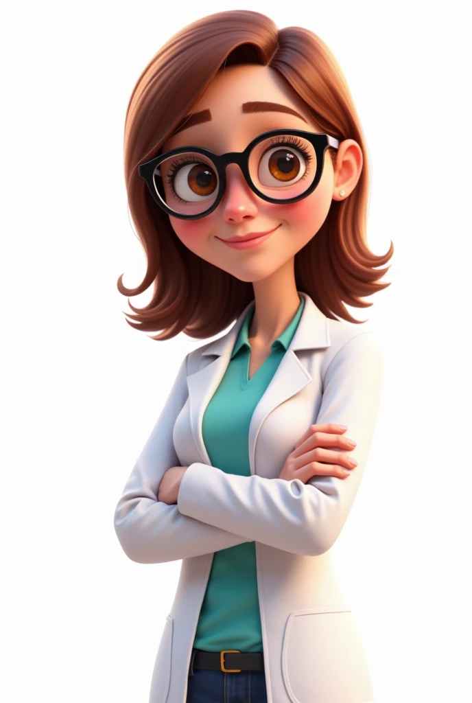 Biology teacher, with white coat, de corpo inteiro, white background, Disney pixar style image, chestnut hair, with glasses, medium and straight hair, eyes browns