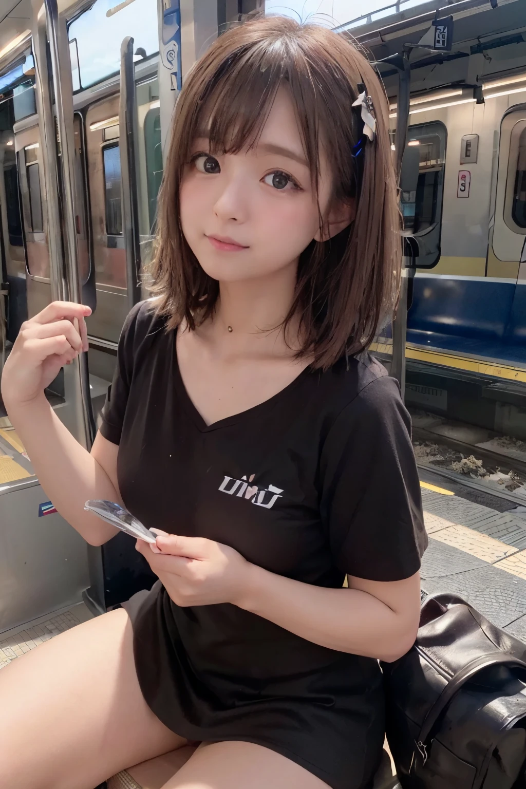 8k, RAW Photo, Best Quality, Masterpiece, Realistic, PhotoRealistic, Extremely Detailed 8k Wallpaper, Beautifully Detailed Eyes, Finely Detailed Face, 
 BREAK 
Professional Lighting, 
 BREAK 
(((ET122 + train + DMU + station + end:1.8))), 
Perfectly Anatomically Correct:1.4, 
 BREAK 
1 Girl is looking at ET122, 
Very Short Bob Hair:1.2, Symmetrical Clear Eyes:1.1, Captivating Eye Reflections:1.1, 
(Kawaii), [Japanese], Wide-Set Eyes, Big Eyes, tareme, (White Skinned), Embarrassed, Blush, 17-Year-Old, 
(Round Face, Round Chin:1.2), Wet Hair, Messy Hair, Open Mouse Slightly, [Pouted Cheek], 
Light Smiling, 
Random SHIMAMURA Summer Clothes, 
 BREAK 
SFW:1.0, 
 BREAK 
(Ground-level Shot:1.8, Wide Shot:1.8), Body Focus, Bokeh:1.0