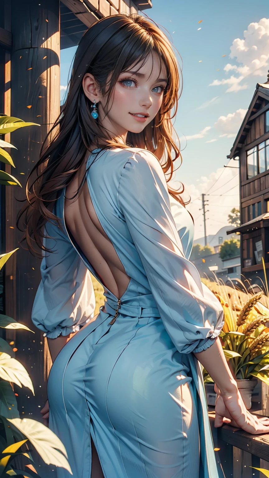 1 person, alone, Long Orange Hair, running, (Tall wheat field), I turn around, Emerald Eyes, long blue dress, middle ages, middle agesの衣装, long sleeves, Light from behind, Shadow of a person, smile, Laughter, (blue sky), Wheat background, Standing in the distance, Looking at the audience, full length