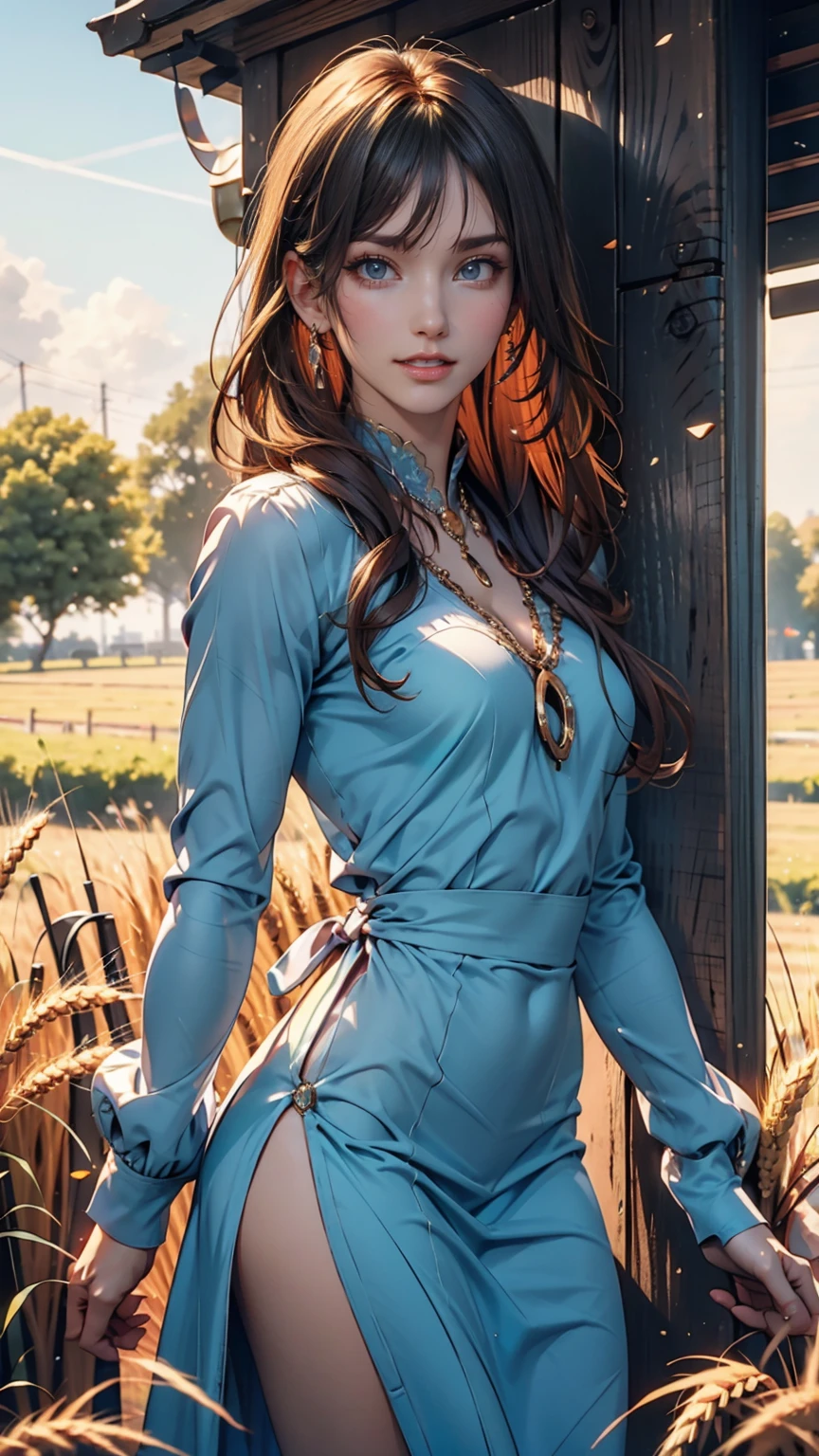 1 person, alone, Long Orange Hair, running, (Tall wheat field), I turn around, Emerald Eyes, long blue dress, middle ages, middle agesの衣装, long sleeves, Light from behind, Shadow of a person, smile, Laughter, (blue sky), Wheat background, Standing in the distance, Looking at the audience, full length