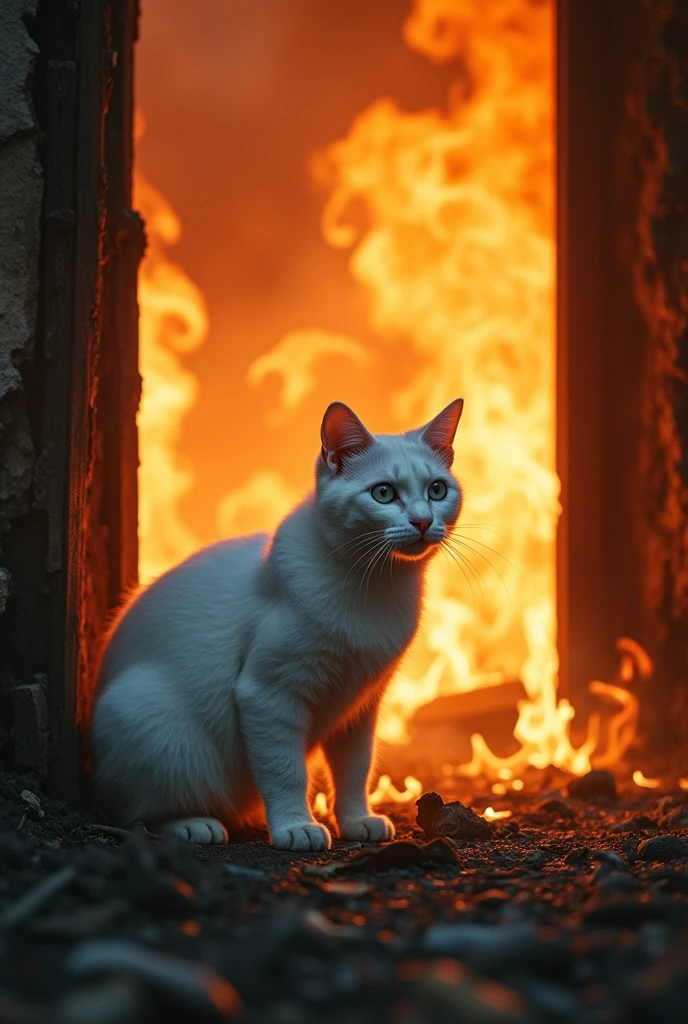 The white cat decides to rush into the burning building to rescue the small white kitten inside