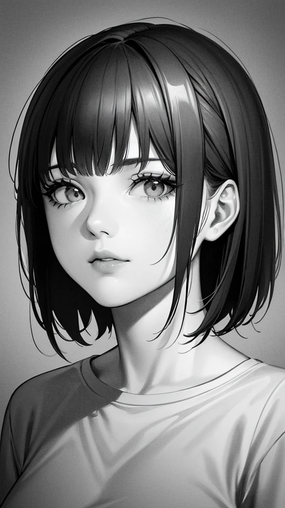 1girl, solo, monochrome, greyscale, short black hair, portrait, T-shirt, closed mouth, looking at viewer, sketch, graphite \(medium\), detailed lips, hatching \(texture\), without makeup, bangs, upper body, (best illustration), (best quality), (very detailed), (masterpiece), 30 year girl,