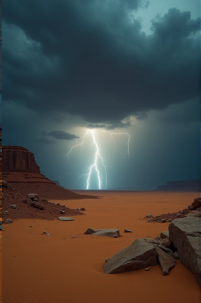 Dark sky, accompanied by lightning that struck in the middle of the lonely desert