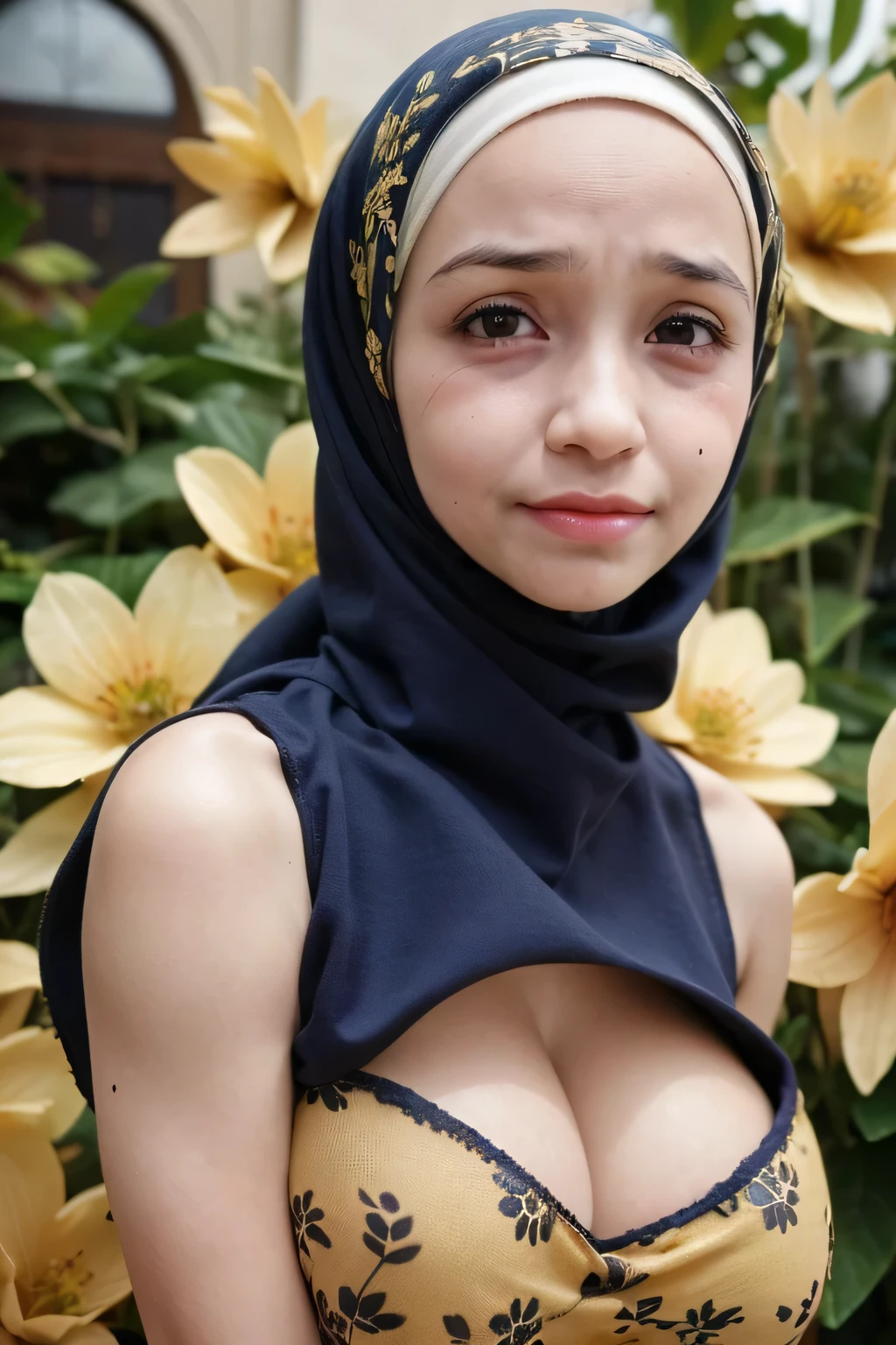 ((((HALF BODY  PORTRAIT)))), Naked, Very cute like a baby face, ((Stylish Hijab)), adorable, 1 girl, 10 years old, baby face, shy, half body portrait,smile,  (face details: 1), (eye details: 1), ((round large breasts, cleavage)). Cute posed. proportional body. Ultra High Res. (realistic: 1.9), UHD, ((SAD FACE EXPRESSION :1.4)), ((Golden Flowers Pattern))