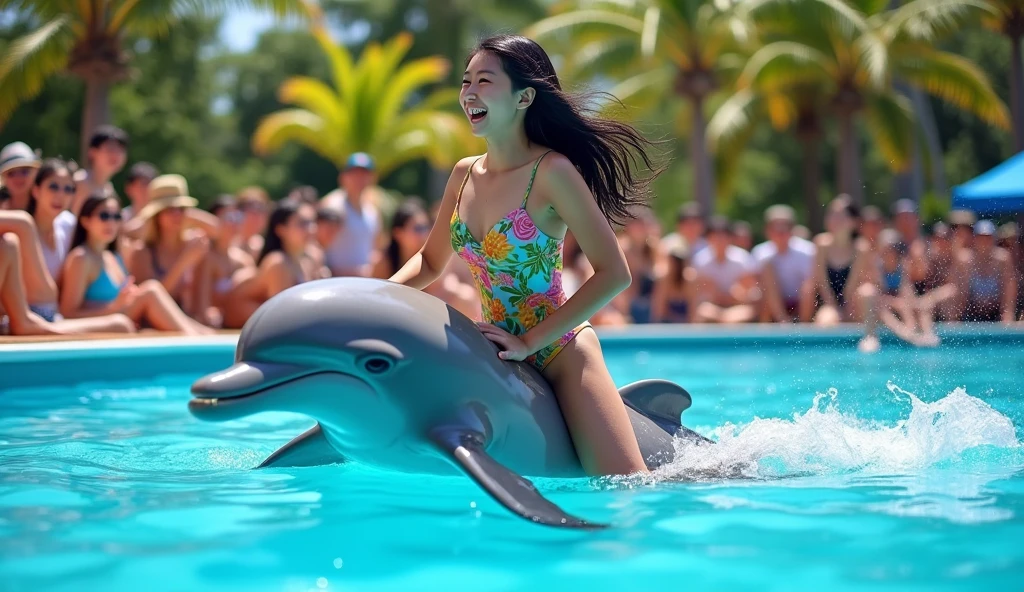 A dolphin is swimming in a pool with a 20-year-old Japanese girl on its back.、There are spectators all around