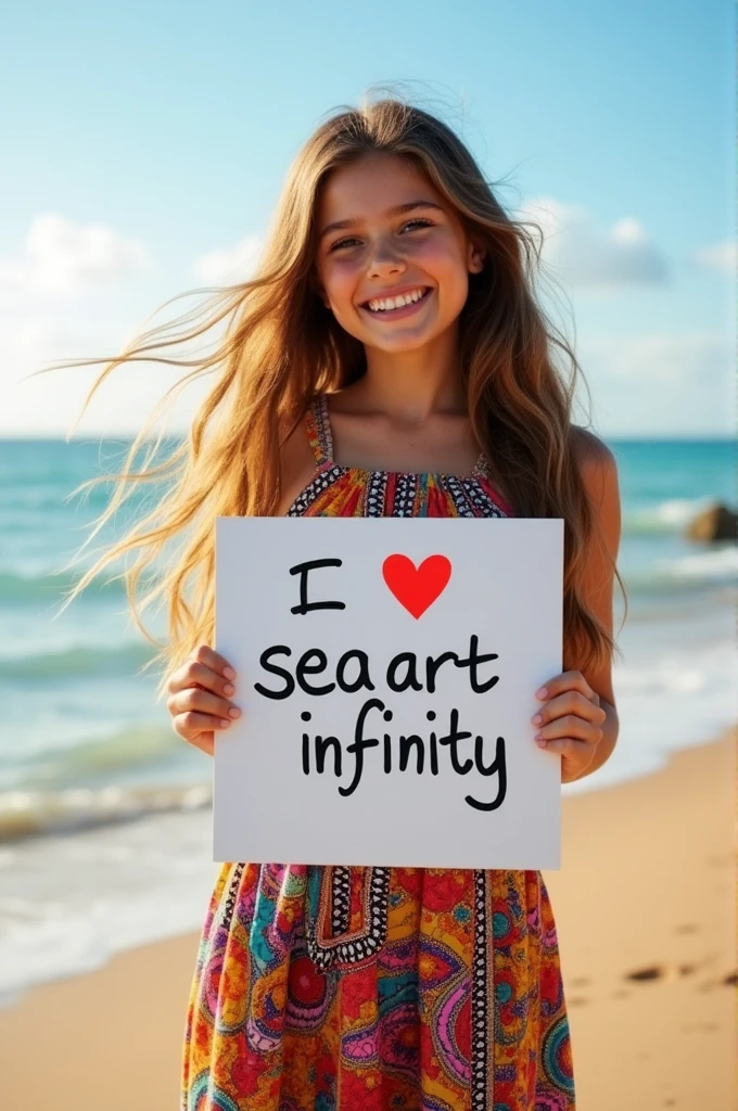 Beautiful girl with wavy long hair, bohemian dress, holding a white board with text "I Love Seaart Infinity" and showing it to the viewer