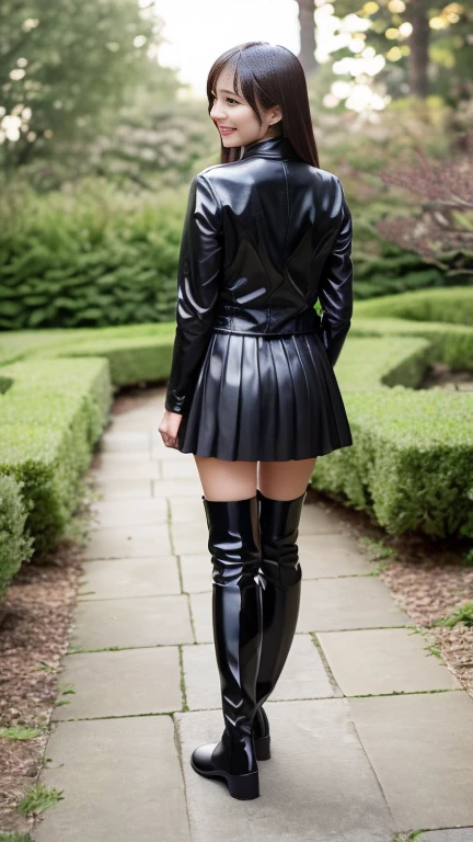 (Pictured from head to toe, Full body photo:2.0),(black riders leather Jacket,knee high boots,very high gloss,black leather pleated mini skirt, large breasts,cleavage, Little Devil Smile,standing in room:1.5),black medium straight hair,Under the mesmerizing moonlight, in a serene Japanese garden, a beautiful japanese reveals her elegant shoulders and back. Her demure yet seductive gaze is full of hidden secrets. As she gracefully strolls along the garden path, she occasionally pauses to offer a fleeting smile towards the moon. The soft illumination of traditional lanterns creates an enchanting atmosphere, while her loosely tied hair waves gently, adding to her elegance and allure.