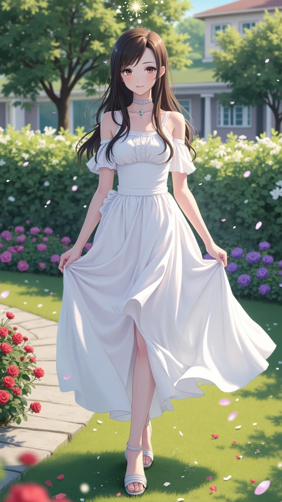(masterpiece、Highest quality、8k、High resolution)、(One female、Beautiful Face、Beautiful eyes、Beautiful lips、Beautiful nose)、smile、The white upper teeth are faintly visible、Brown-black hair、(The best girl in anime)、garden、blue sky、Colorful flowers are blooming、Vibrant colors、Red roses are beautiful、(Body、whole bodyから神秘的な光の粒子、Colorful light particles、A mysterious light glowing around the head)、melt、jewelry、necklace、dress、(whole body)、Highly detailed anime art、A complete portrayal、