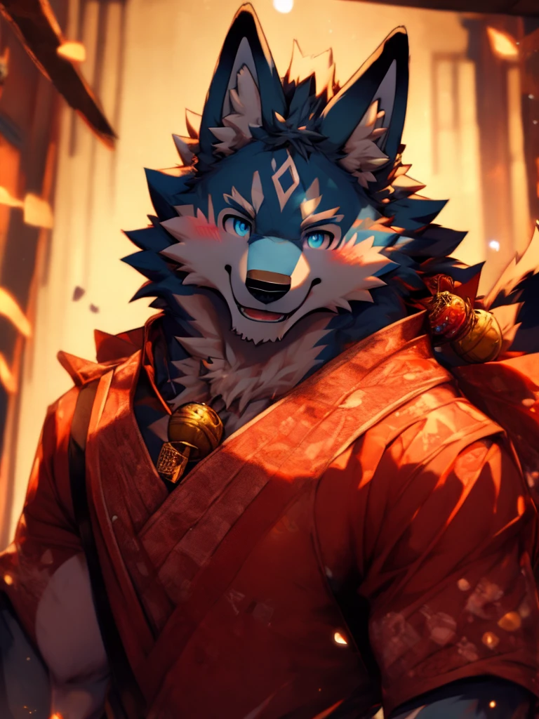 Blushing, Smile, Blue eyes, high resolution, Anatomically correct, 最佳quality, HD Model, High Detail, quality, High quality, Wolf ears, Smile, Tongue, Lips slightly open, heterochromia, fangs,Seven-point lens, Bell, Anime style, Lips slightly open,