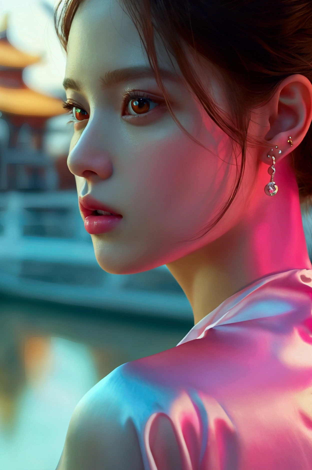 (Highest quality: 1.3, masterpiece: 1.3), Ultra HD, (One person, alone), Atmospheric perspective, Detailed face, Upper Body, compensate, Pink Lips, Cleft lip, Glowing Skin, (Brown Hair), Super long hair, In front of an audience, Red eyes, Earrings, Small breasts, The body is slim, (White silk), (((((East Asian architecture, River side, Beautiful background))), Perfect lighting, (Front lighting), Physically Based Rendering,