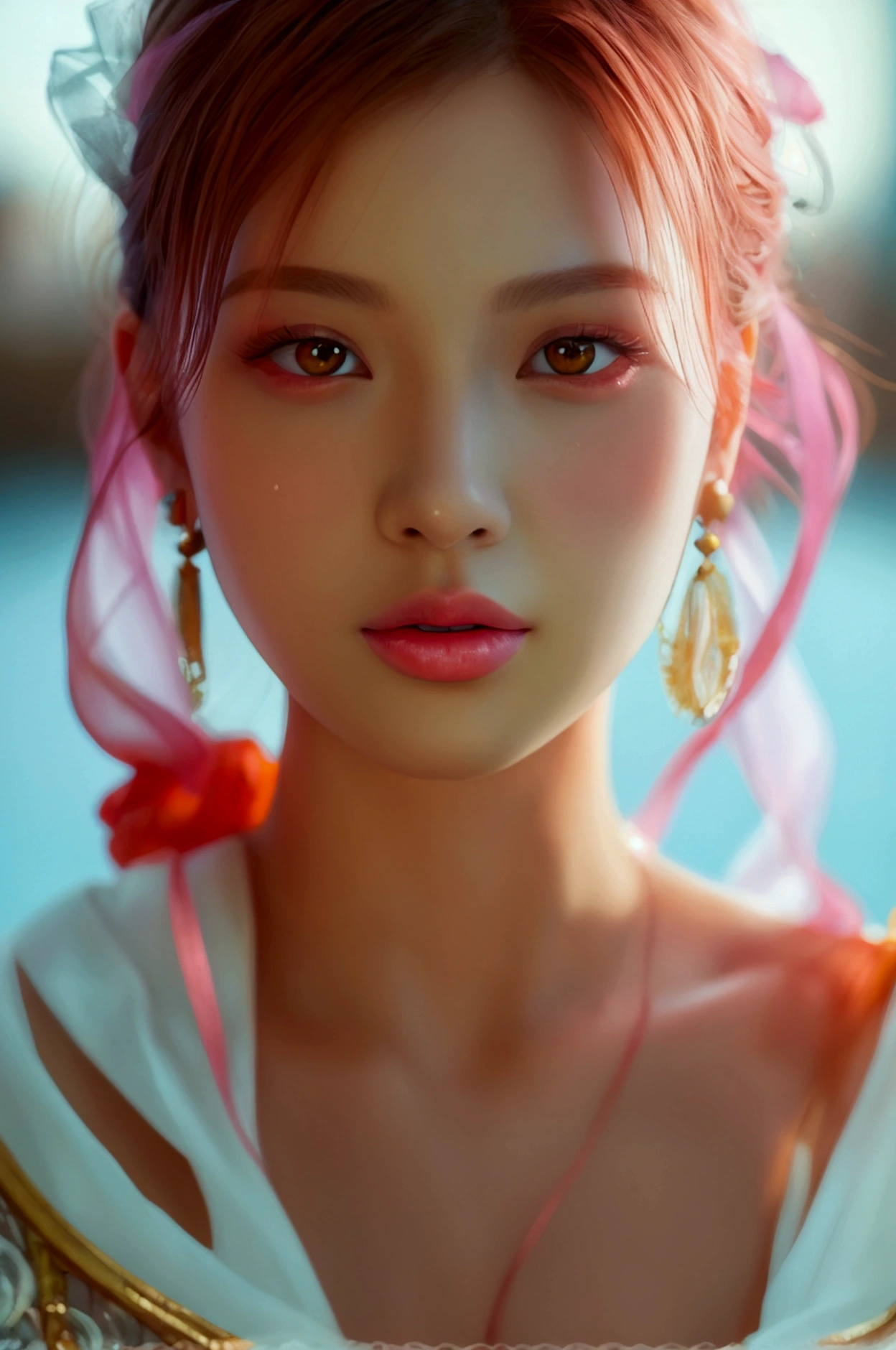 (Highest quality: 1.3, masterpiece: 1.3), Ultra HD, (One person, alone), Atmospheric perspective, Detailed face, Upper Body, compensate, Pink Lips, Cleft lip, Glowing Skin, (Brown Hair), Super long hair, In front of an audience, Red eyes, Earrings, Small breasts, The body is slim, (White silk), (((((East Asian architecture, River side, Beautiful background))), Perfect lighting, (Front lighting), Physically Based Rendering,