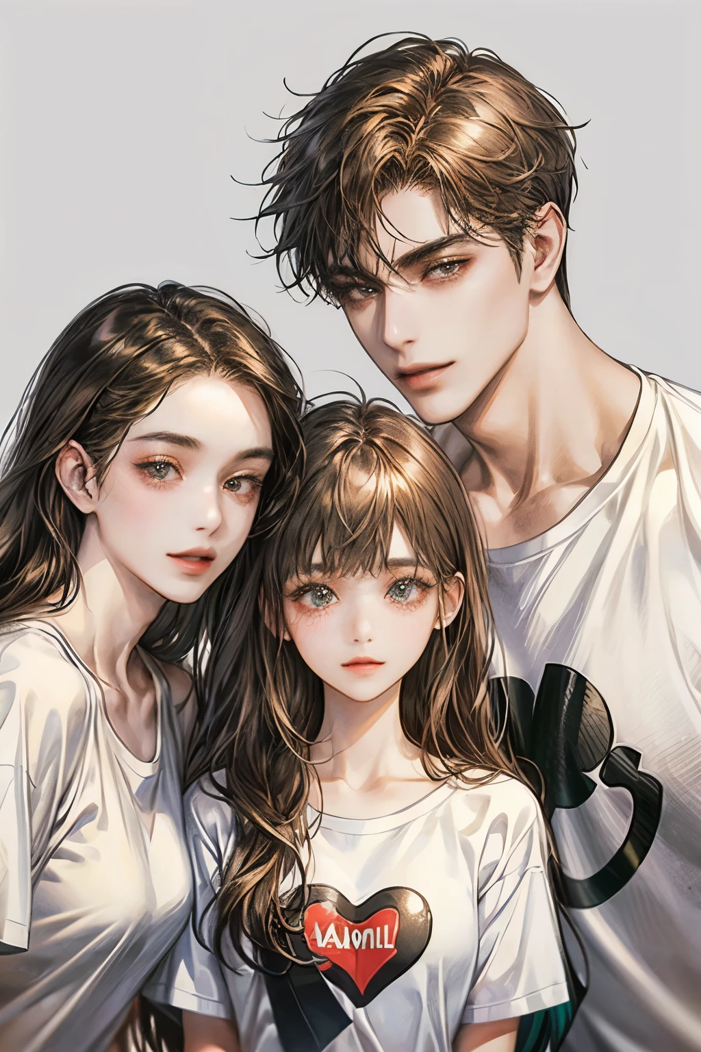 Three man and Three woman, threeCouple taking photos,handsome,A man wearing a white shirt..,A woman wearing one-piece clothing,man and womanยิ้ม,heart,parts, t-shirt, brown hair, simple background, long hair, black hair, shill,