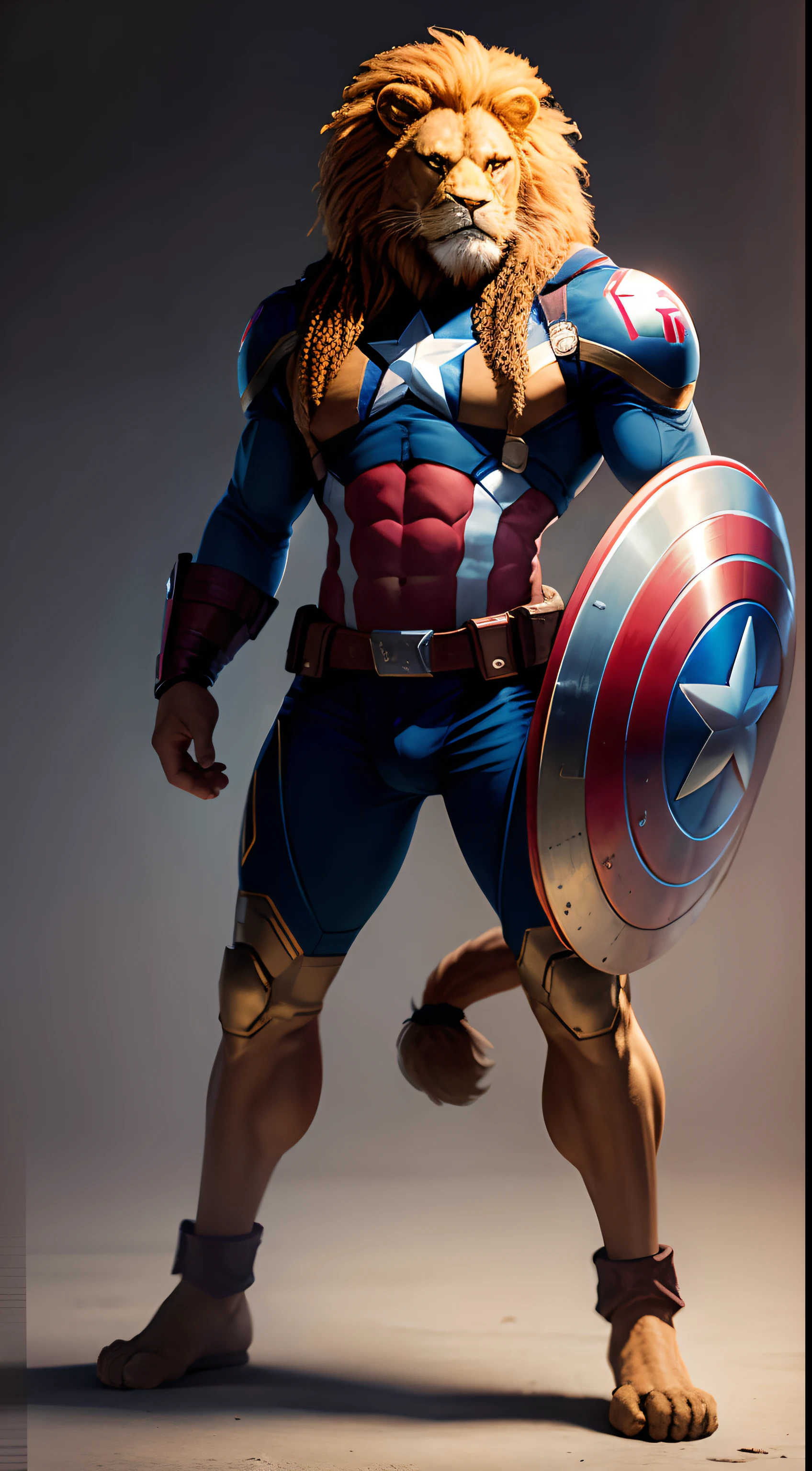 full - length portrait, a humanoid captain-lion America, mascle, has a tail, has claws, foot like a lion&#39;s foot, professional photo shoot, highy detailed, ultra hd image, realisitic