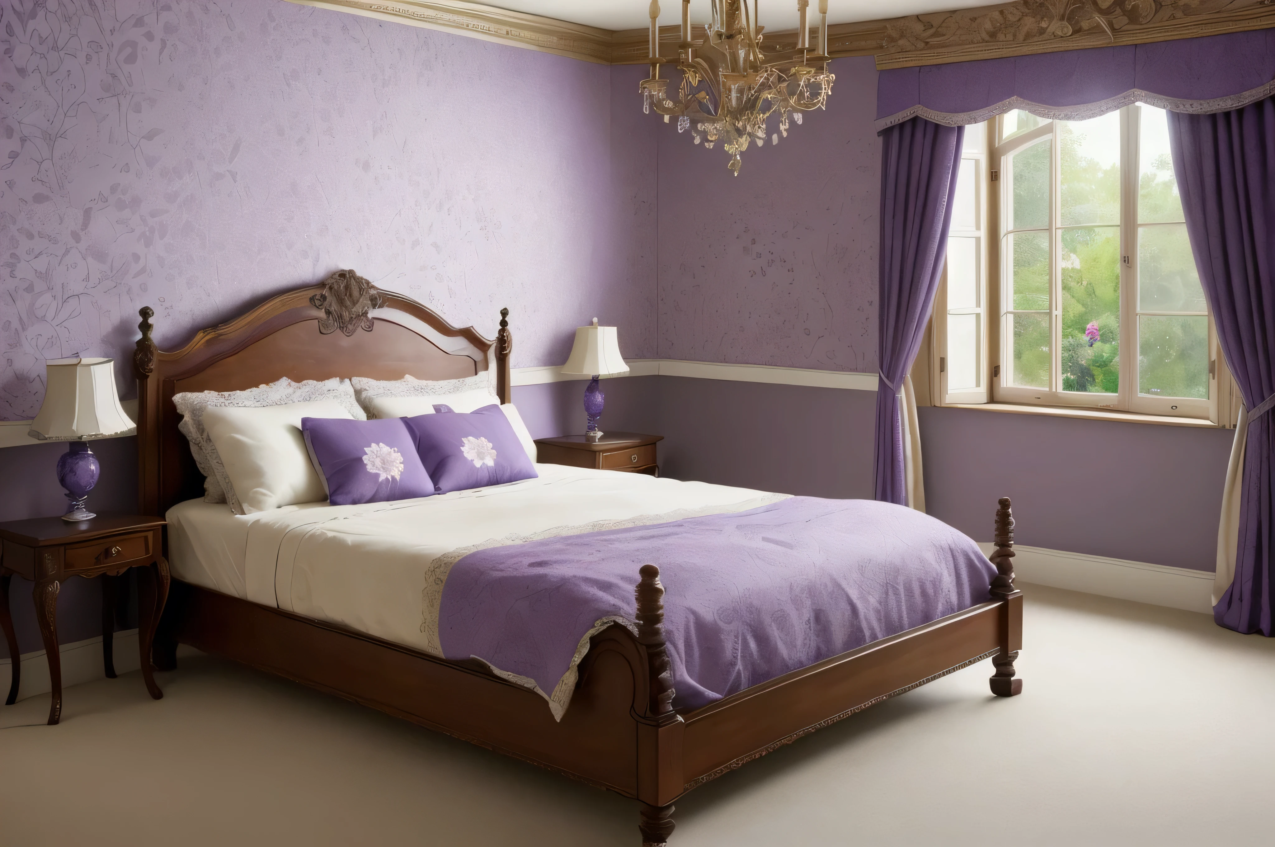 a bed sitting in a bedroom next to a window, a stock photo, baroque, photo - realistic wallpaper, violet, poster, flowers in background