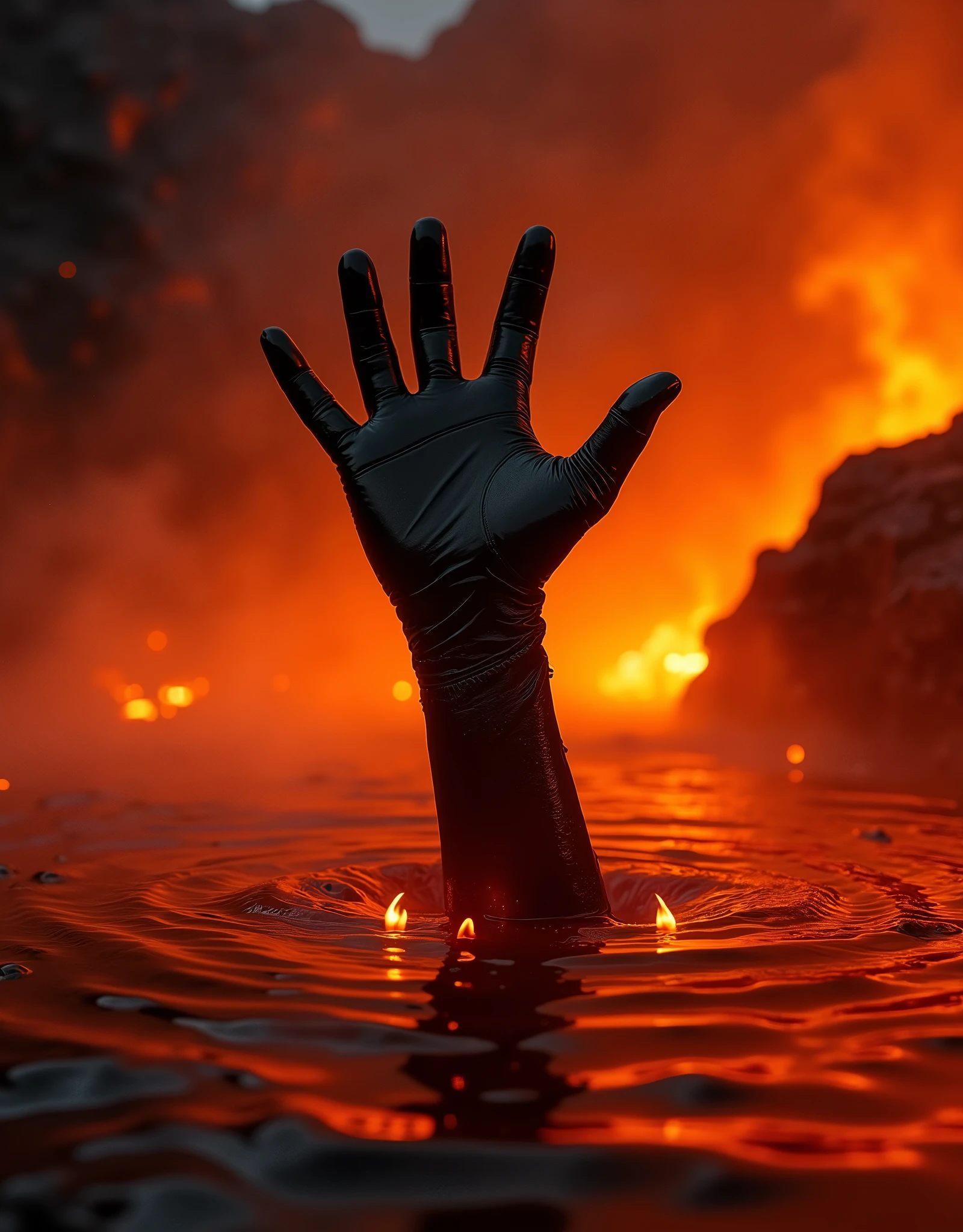 Terminator\(movie\) wearing black leather glove giving a middle finger up, (middle finger up:1.5), (middle finger up), only his hand sticking out from under the red hot magma pool, everywhere red by the heat, a scene from the movie, very famous scene, the climax of the movie, close-up image of the hand, [Entire scene is surrounded by mist, evoking a mysterious and eerie atmosphere. The lighting is dark and atmospheric, foggy smoke, smoke adds a touch of sinister ambiance. (warm hue, warm tone), high details, natural reflections]