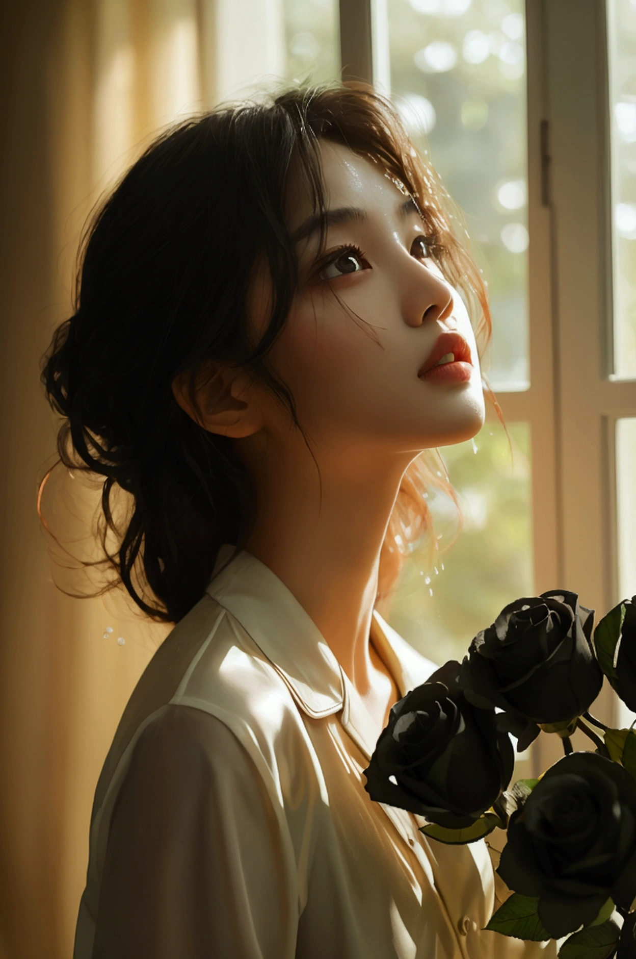 Girl surrounded by black roses, Sunlight is shining through the window, Create a warm and inviting atmosphere. She is wearing wet pajamas, Asia Myanmar , Realistic, Highest quality, photo-Realistic 8k, (Highest quality:1.1), masterpiece, (Realistic:1.1), photo-Realistic