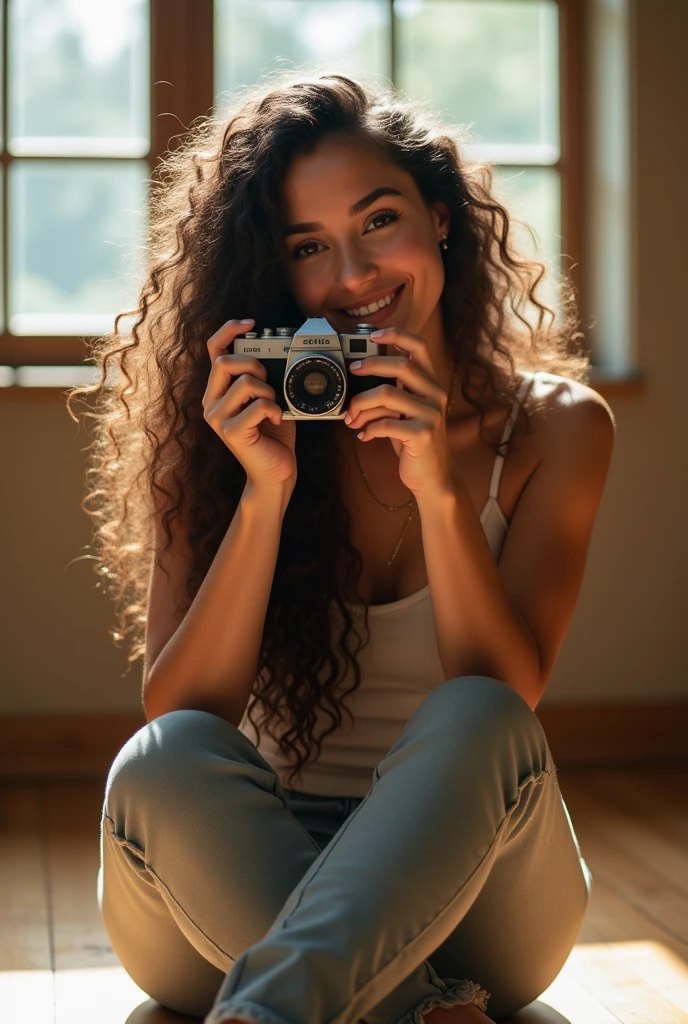 A brunette girl with curly hair and big breasts sits with her legs stretched out, taking a realistic photo
