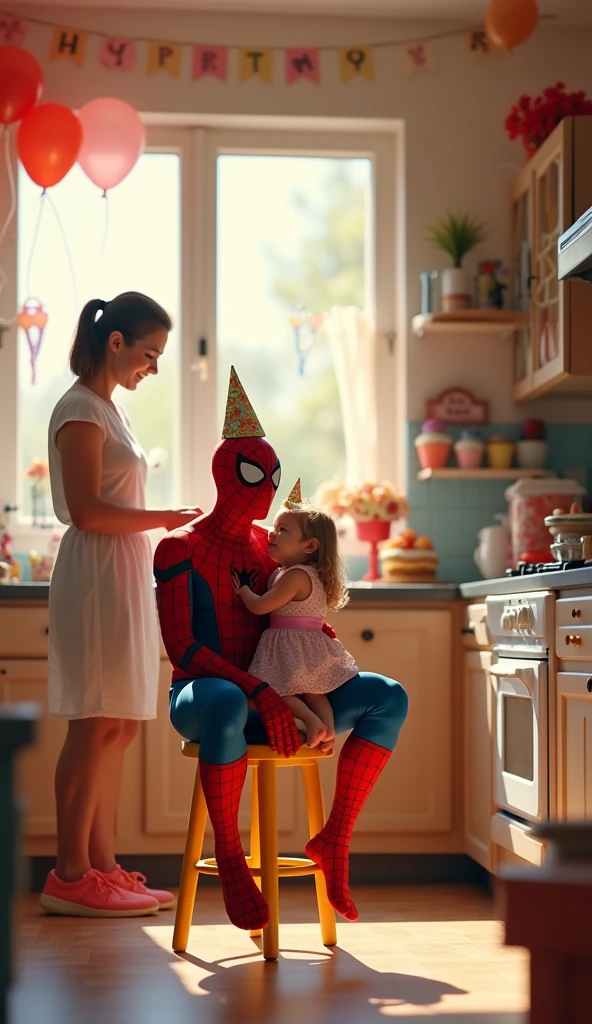 Spiderman sit next toa girl. Spiderman celebrate 's birthday with her mom in the kitchen, realistic, photorealistic