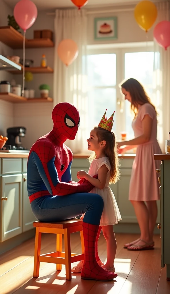 Spiderman sit next toa girl. Spiderman celebrate kid's birthday with her mom in the kitchen, realistic, photorealistic