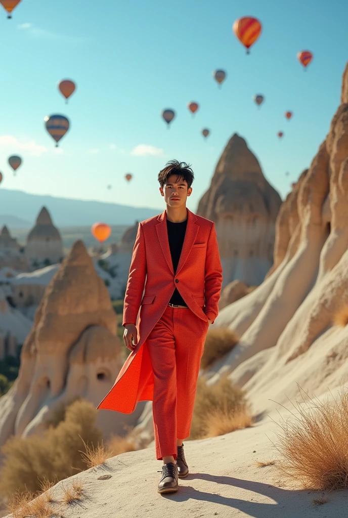 A captivating scene in the natural beauty of Cappadocia, Turkey, with a Japanese male model walking gracefully. He is dressed in a chic, high-fashion outfit that blends classic and modern styles, featuring a pop of color. The outfit incorporates smooth, innovative fabrics, creating a new standard in fashion. His confident, light-footed stride captures the attention of those around him, making him the focal point of this stunning landscape.