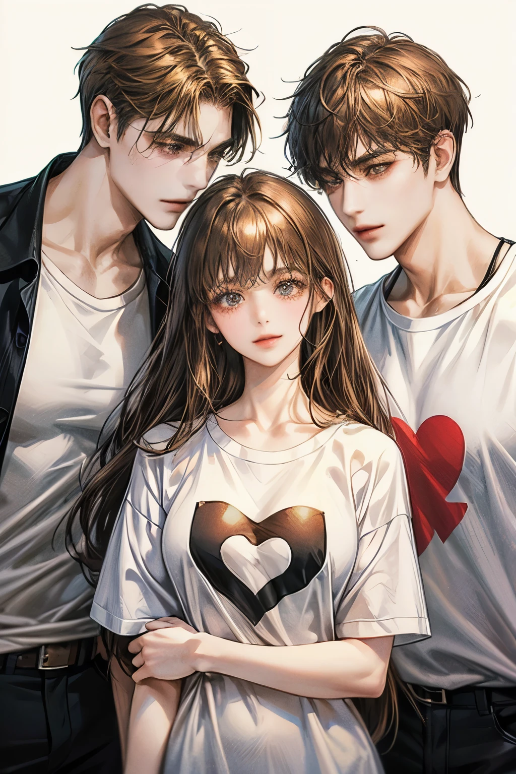 Three man and Three woman, threeCouple taking photos,handsome,A man wearing a white shirt..,A woman wearing one-piece clothing,man and womanยิ้ม,heart,parts, t-shirt, brown hair, simple background, long hair, black hair, shill,