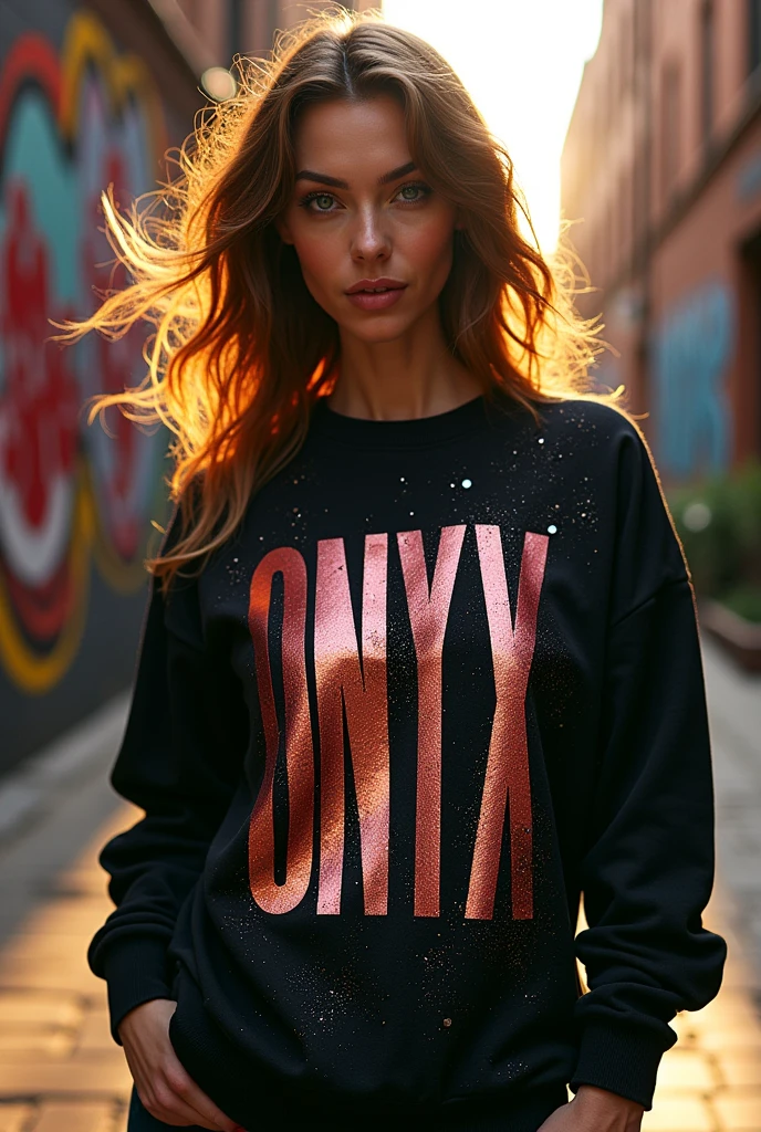 create an image of a realistic and detailed garment with a very eye-catching print written "onyx" 