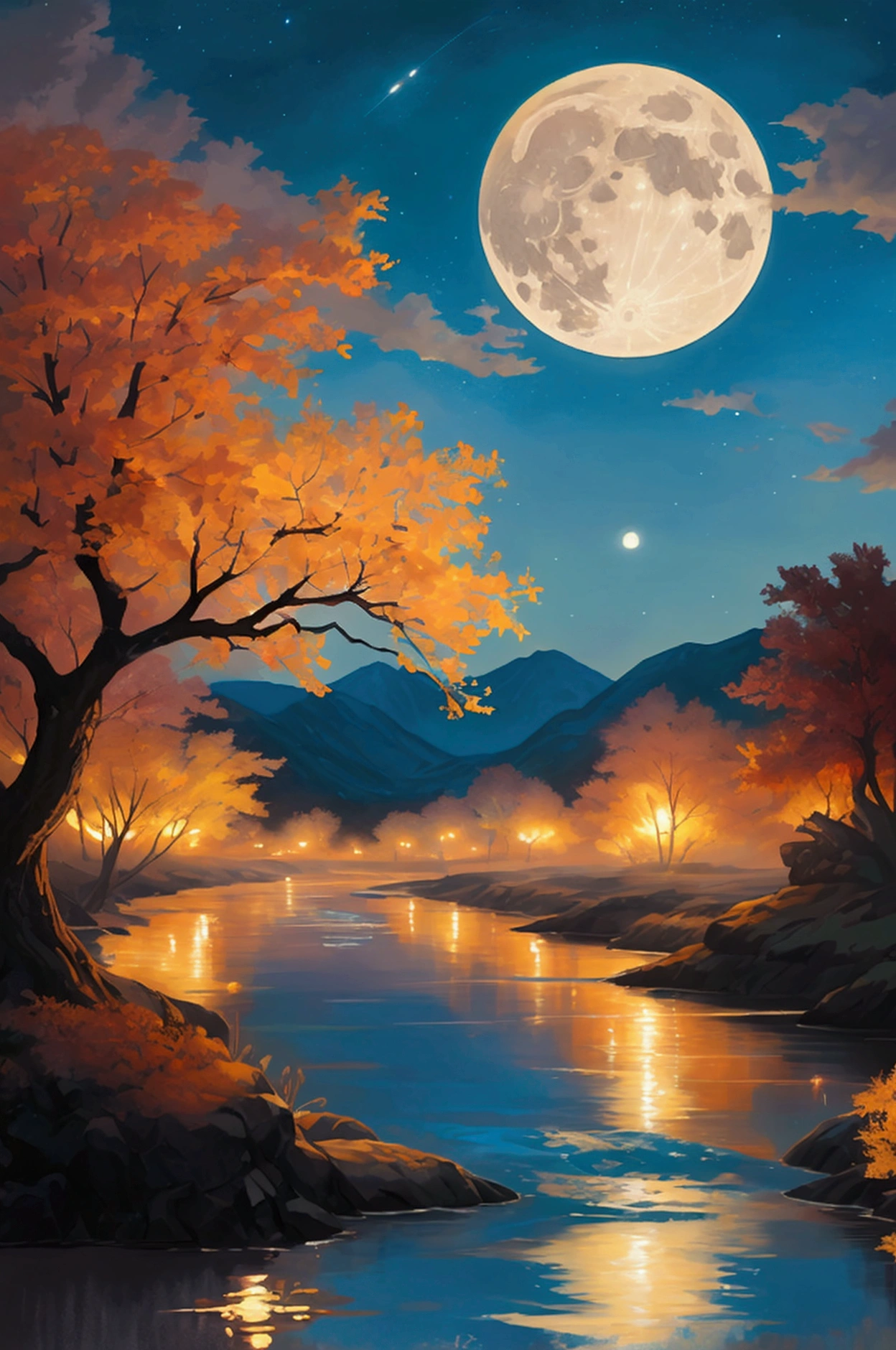 A condensed beauty of a painting of a river and the stars and moon floating in the sky, Concept art inspired by Mitsuoki Tosa, pixiv Contest Winner, Highest quality, Fantasy art, Beautiful anime scene, Bright moon circle, Starry Sky environment in the moonlight, Dream Painting, Anime Background art, Dreamscape Painting, Great night, Anime Background, Background artwork, Great art, Atmospheric anime, Starry Sky, Detail enhancements.