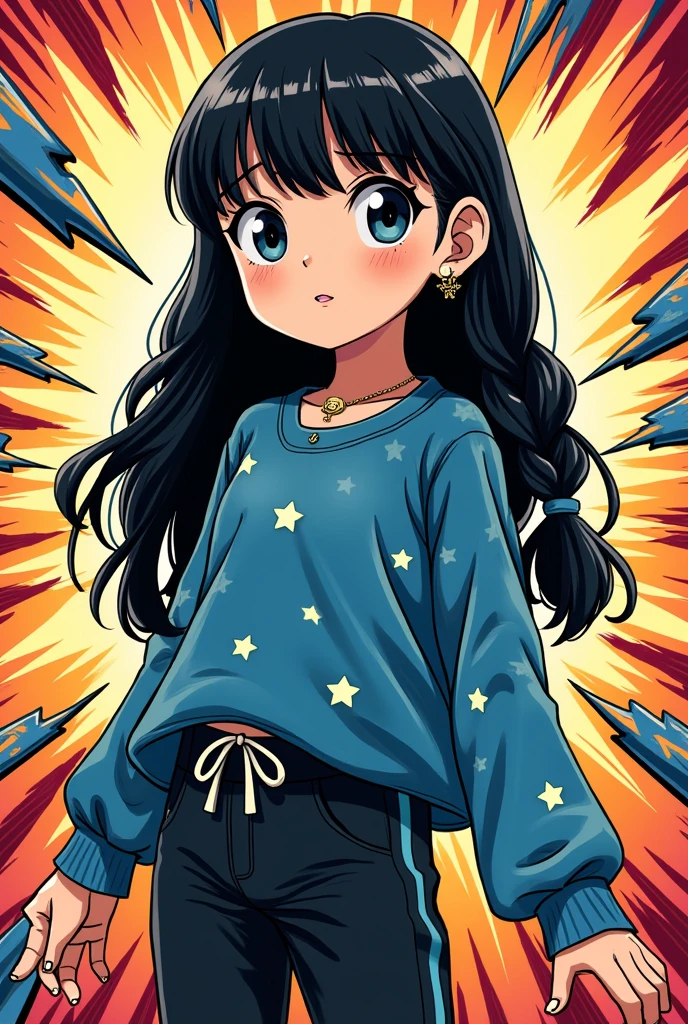 Make me a boku no hero style comic image, a 13 year old white girl, black hair tied in 2 large braids, has a cute and long fringe but it doesn't cover her eyes and her hair is a little untied, her eyes are a little big and are dark blue with a star inside them, She is wearing a blouse like the one in the movie Coraline, blue with stars and long sleeves that cover a little of the palms of her hands., a black jogger pants and a blue all star sneakers. She is wearing a small silver earring and a thin black belt., a navy blue beret and a thin gold necklace. She has her nails painted black and is standing up.