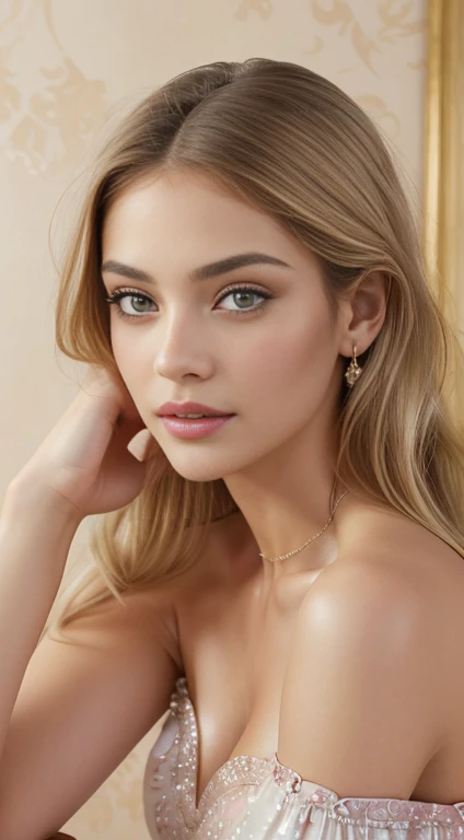 stunning detailed portrait, 1girl, beautiful detailed eyes, beautiful detailed lips, extremely detailed face, long eyelashes, elegant expression, photorealistic, hyper realistic, 8k, masterpiece, oil painting, chiaroscuro lighting, warm color palette, dramatic lighting, atmospheric, Cinematic Gorgeous girl with a (golden white hair) , wavy hair , shoulder-length hair , luxuriant eyes lashes ,brown lips ,delicate nose and lips ,slim figure,medium breast ,(sexy),looking at camera , very detailed face , ((medium breast, tomboy hairstyle )),(best quality, masterpiece ), (realistic, photo-realistic:1,37), top quality, masterpiece, a beautiful woman, (( wearing a lite pink lacedress dress with white patterns elegant), beautiful designed elegant,very realistic,sexy, just one shoulder off, elegant design, realistic ,beautiful and toned body, cleavage body extremely detailed, fine hands,five fingers, perfect body, night atmosphere,,( seductive smiles with dimples ),(extremely detailed CG 8 k wallpaper), (an extremely delicate and beautiful), (masterpiece), (best quality:1.0), (ultra higher:1.0), night mood beautiful lighting ,perfect lightning, realistic shadows, [higher], detailed skin, ultra-detailed ,high realistic, ,(super cute face) supermodel , masterpiece, best quality, high quality,(delicate eyes and lips ), random poses ,(slim figure) white skin , perfect full body shoot, Kodak photo,(full body shoot), gorgeous girl sitting on the chair,outside of the resort, movie style, cinematic scenes, best quality, blurry background, night mood , light cottage ,etc ,best quality ,masterpiece high quality HD quality 