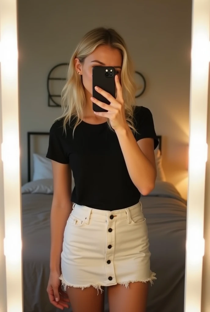 Photo of a young blonde girl taking a selfie in her bedroom, striking a very sexy pose with her phone in front of her mirror. She hides her face completely. She's wearing a very short white skirt that reaches down to her buttocks. She's wearing a black t-shirt. She is of average build. The mirror is equipped with white LEDs.