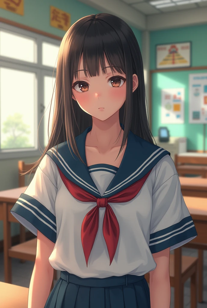 (masterpiece,Highest quality:1.4),(8k,RAW Photos,Photorealistic:1.4),Ultra-high resolution, ,(Glowing Skin:1.4),Detailed skin,Detailed face,Detailed eyes,(Beautiful and shining eyes:1.2),Symmetrical eyes,Detailed ears,One person,Natural Makeup,high school girls,(((Japanese Idols))),(Japanese Face),Detailed Background,Vivid background,Beautiful and shiny hair,,((Average teenage breasts)),,(Detailed Summer school uniforms for senior high school girls Japan),,((Sharp Face)),Natural light,,(Very detailed ,Trend design for 2024,online shopping,LUMINE® Market,),Trendy hairstyles,black_hair,long_hair,Upper Body,,(Detailed classroom of a girls' high school,,Location was great.),,Real-life schoolgirl、、Random Posing