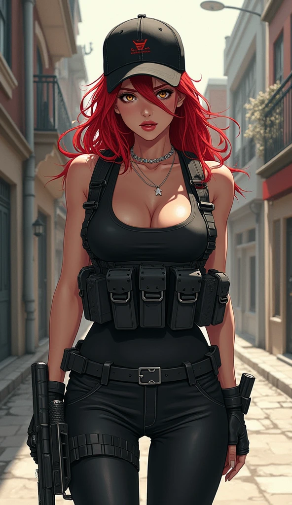 HIGHLY DETAILED, 16K HI-RES, insanely detailed image, cinematic, best quality, masterpiece, realistic, detailed face, detailed background, dramatic lighting, anime style art, sketch reinforcement, pencil drawing, intensified pencil strokes, super-fine, RED hair is carefully described, eyes are carefully depicted, 1 female, solo, huge breast, woman light brown skin, sharply detailed skin, skin pores, with holster, black clothes, tactical holster, military uniform, military gear, guns and ammo, bulletproof vest, female special operator, backpack and wearing a baseball cap, reveal cleavage, shooting angry in the streets alley