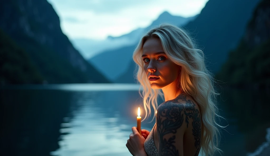 tatuados,Very beautiful big breasts、(Tears),(Back tattoo、Many tattoos on both arms and neck)、 (Late night in Fiordland National Park,The mystical scenery of Milford Sound),Candlelight only,Very detailed, 21 years old, A beautiful woman,Depressed face, Platinum Hair,Wavy Hair, blue eyes, High resolution, masterpiece, Highest quality, Intricate details, Very detailed, Clear focus, Delicate skin, practical skin texture, texture, Delicate eyes, Professional, 8k, Sad face,despair、 Shot with Canon, 85mm, Shallow and deep, Kodak Vision Color, Exactly, Very detailed, photograph_\(Extremist\), photographpractical, practical, Post-processing, Maximum details, Roughness, Real Life, Extremist practical, Photorealism, photographgraphy, 8k ウルトラ HD, photographgraphy