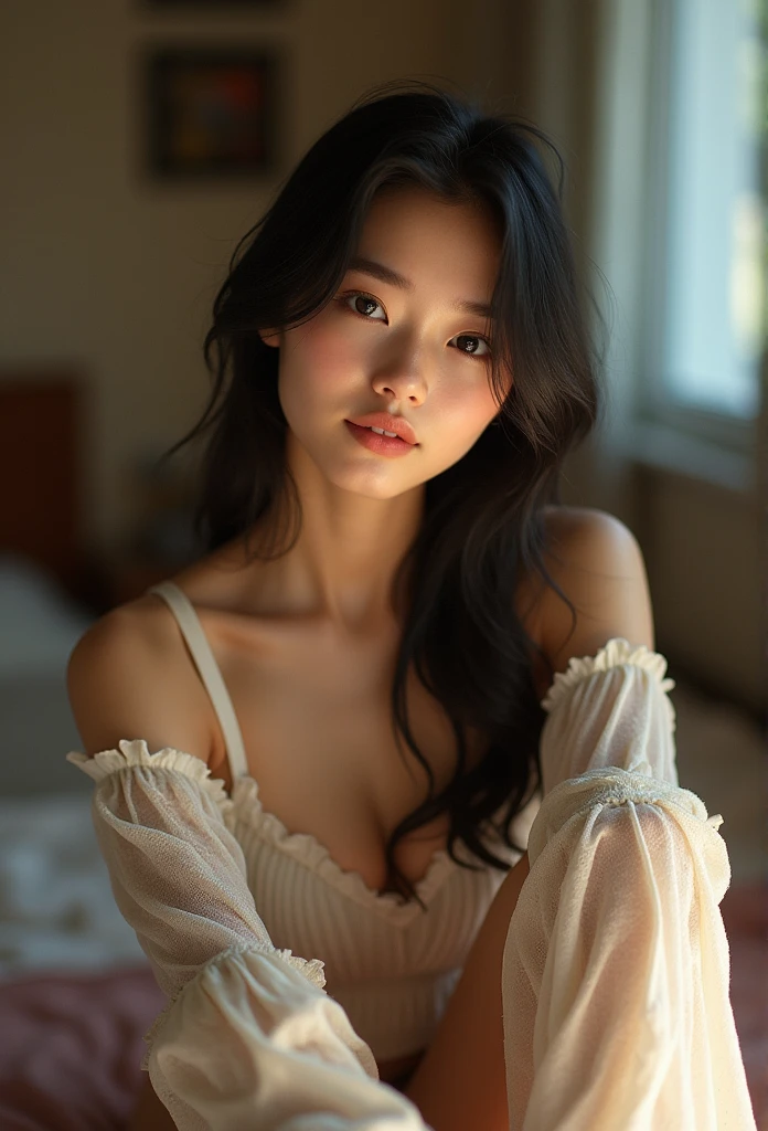 (8K, RAW photos, best quality, masterpiece:1.2), Ultra Detailed, Super Resolution, (Practical, Practical Photo:1.37), portrait, Professional photos, Extremely detailed and beautiful, Stunning and detailed, Huge file size, Official Art, highly detailed CG unity 8K wallpaper, 非常详细的美丽的girl, The face is rich in detail, Very detailed eyes, Highly refined skin, Very detailed fingers, Very detailed nose, Very detailed mouth , Perfect anatomical structure, Very detailed background, very detailed clothes, 1girl, girl, 可爱的girl, Realistic body, , White skin, Radiant Skin , Slim body,　Smile，Sexy and feminine，bedroom, Medium breasts, high school,
