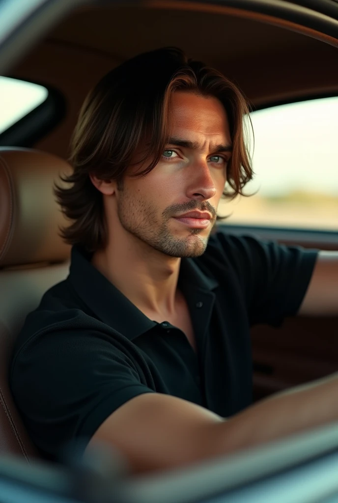 (photorealism:1.2) man, straight hair, black polo, inside a car, side view camera shot, model pose, realistic, intricate details, warm colors, realistic, ultra realistic, 4k picture, textured skin,