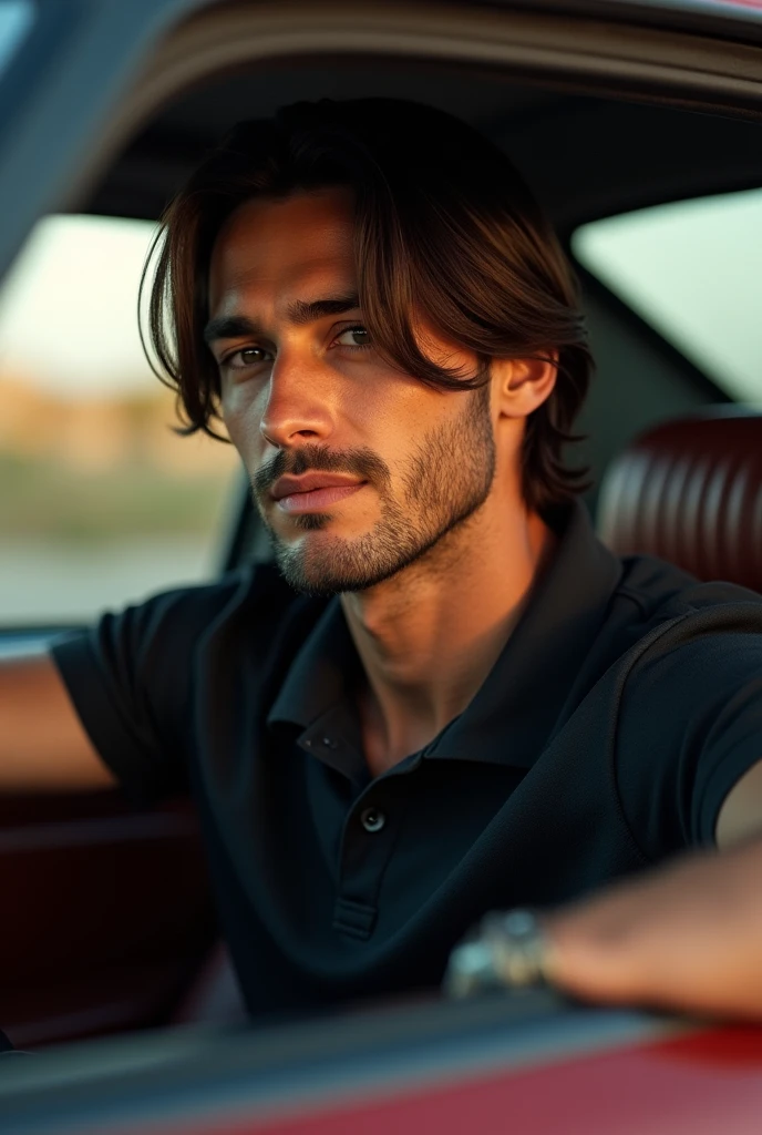 (photorealism:1.2) man, straight hair, black polo, inside a car, side view camera shot, model pose, realistic, intricate details, warm colors, realistic, ultra realistic, 4k picture, textured skin,