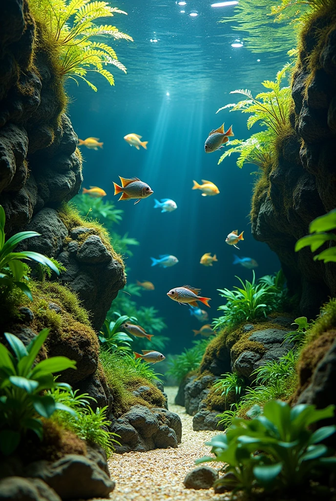 Um aquário de ciclídeos africanos, com nothobranchius de várias espécies existentes, com decoração plantada e com rochas zanzibar