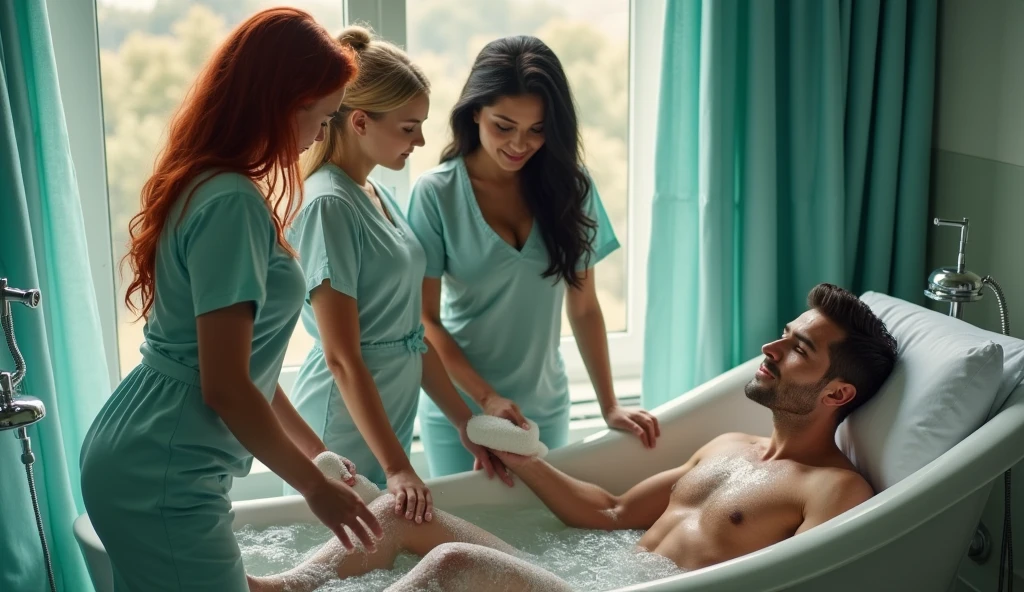 ultra realistic, photography, three girls: one with long straight red hair, (24 years old, hourglass figure, perfect body, natural medium breasts), the second one: long black straight hair, (30 years old, tanned skin, hourglass figure, perfect fit body, natural big breasts), the third one with long straight blonde hair, (wavy elegant hair, blue eyes, perfect round lips, 22 years old, gorgeous face, voluptuous figure, perfect fit body, big enhanced breasts), they are wearing sexy nurse outfits with great cleavage, perfect round cleavage,, they have perfect round cleavage, great cleavage, they are sexy nurses in a hospital, they are bathing a handsome man, he is 30 years old with brown short hair, he is naked in the bathtub filled with warm water, they are standing outside of the bathtub and clean his thighs with a wet sponge, he has his eyes closed and lips slightly parted
