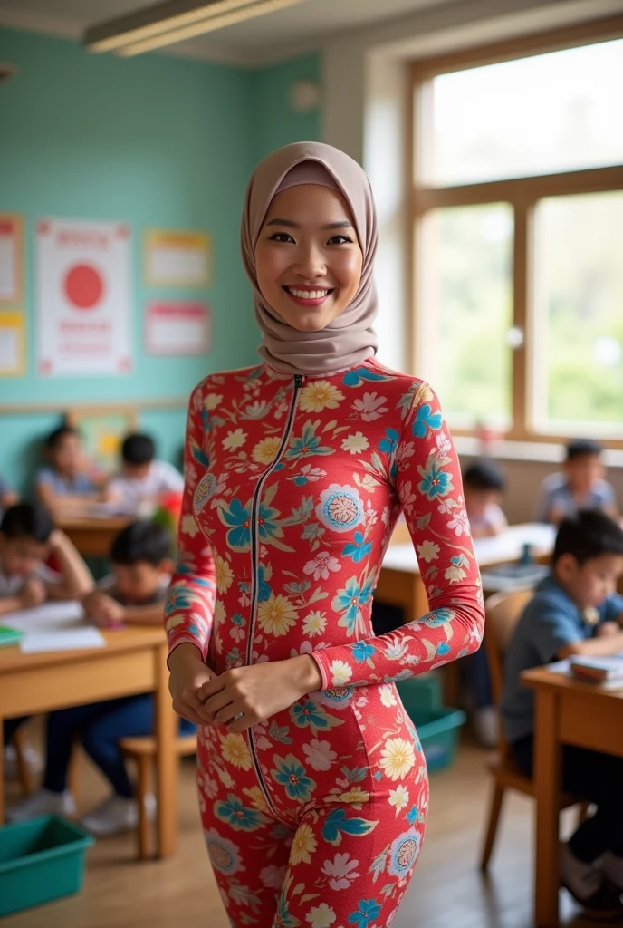 A beautiful and thin chinese teacher girl wears floral print lycra turtleneck unitard catsuit and always wear floral print lycra hijab-like hood.She is at school.