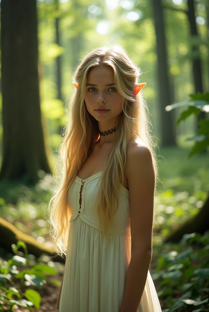 An 18 year old elf girl. The elf girl has a very simple white dress and a slave collar.. The elf girl is blonde and blue-eyed.. The elf girl is in the middle of a forest at noon.