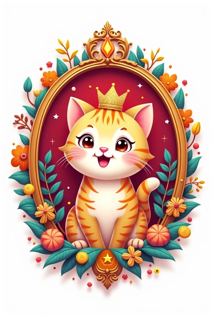 Develop a vibrant emblem logo for 'Jessir Duniya' featuring a Cat wearing a tiny crown and sitting inside a decorative frame adorned with pet accessories like toys and treats. Use a colorful palette of red, yellow, and blue to convey a sense of joy and celebration. The logo should be eye-catching and festive against a white background.