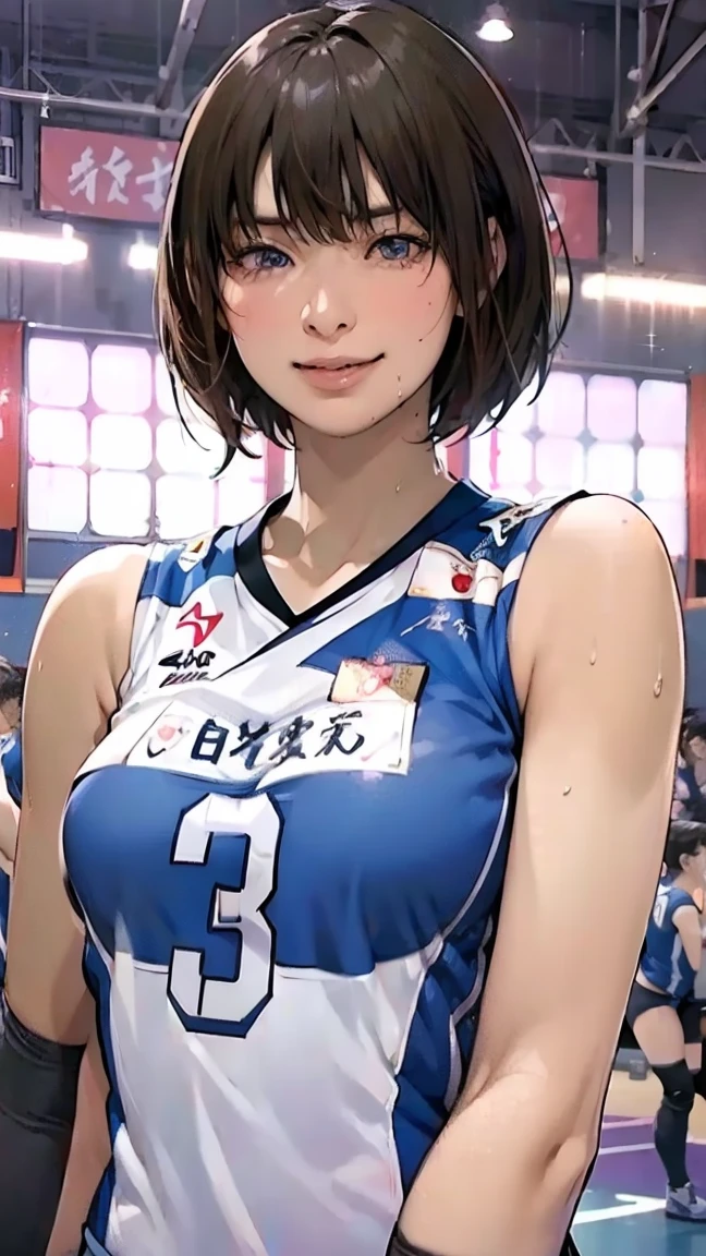 perfection、masterpiece、(Highest quality、High resolution:1.2)、 1 person、Beautifully detailed eyes、Beautiful pink lips、Highly detailed eyes and face、Bright colors、HDR、Studio Lighting、Ultra-high definition painting、Sharp focus、Physically Based Rendering、Extremely detailed depiction、moderate bust、perfectionな形、Facing the viewer、Sweat、smile、Volleyball Player、((Sleeveless Japanese national volleyball uniform))、Bobcut、gym、