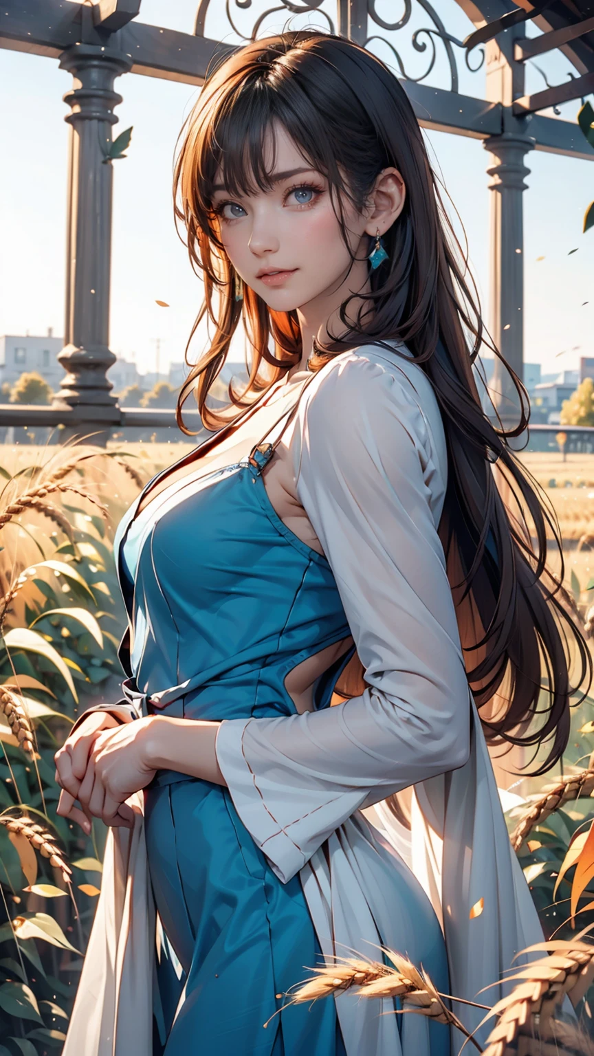 1 person, alone, Long Orange Hair, running, (Tall wheat field), I turn around, Emerald Eyes, long blue dress, middle ages, middle agesの衣装, long sleeves, Light from behind, Shadow of a person, smile, Laughter, (blue sky), Wheat background, Standing in the distance, Looking at the audience, full length